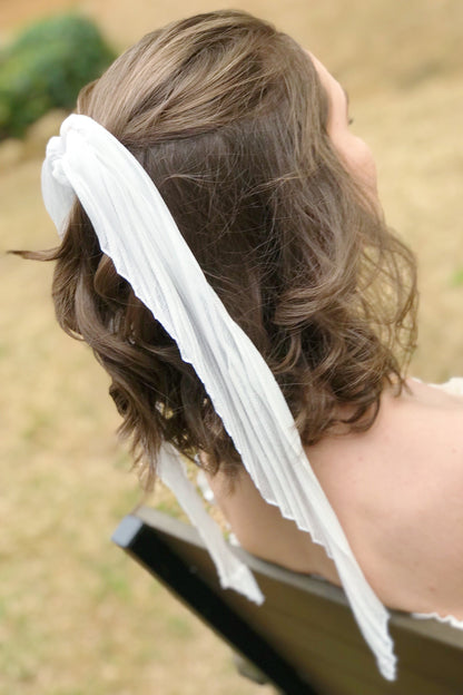 Pleated Ponytail Scrunchie, White-2
