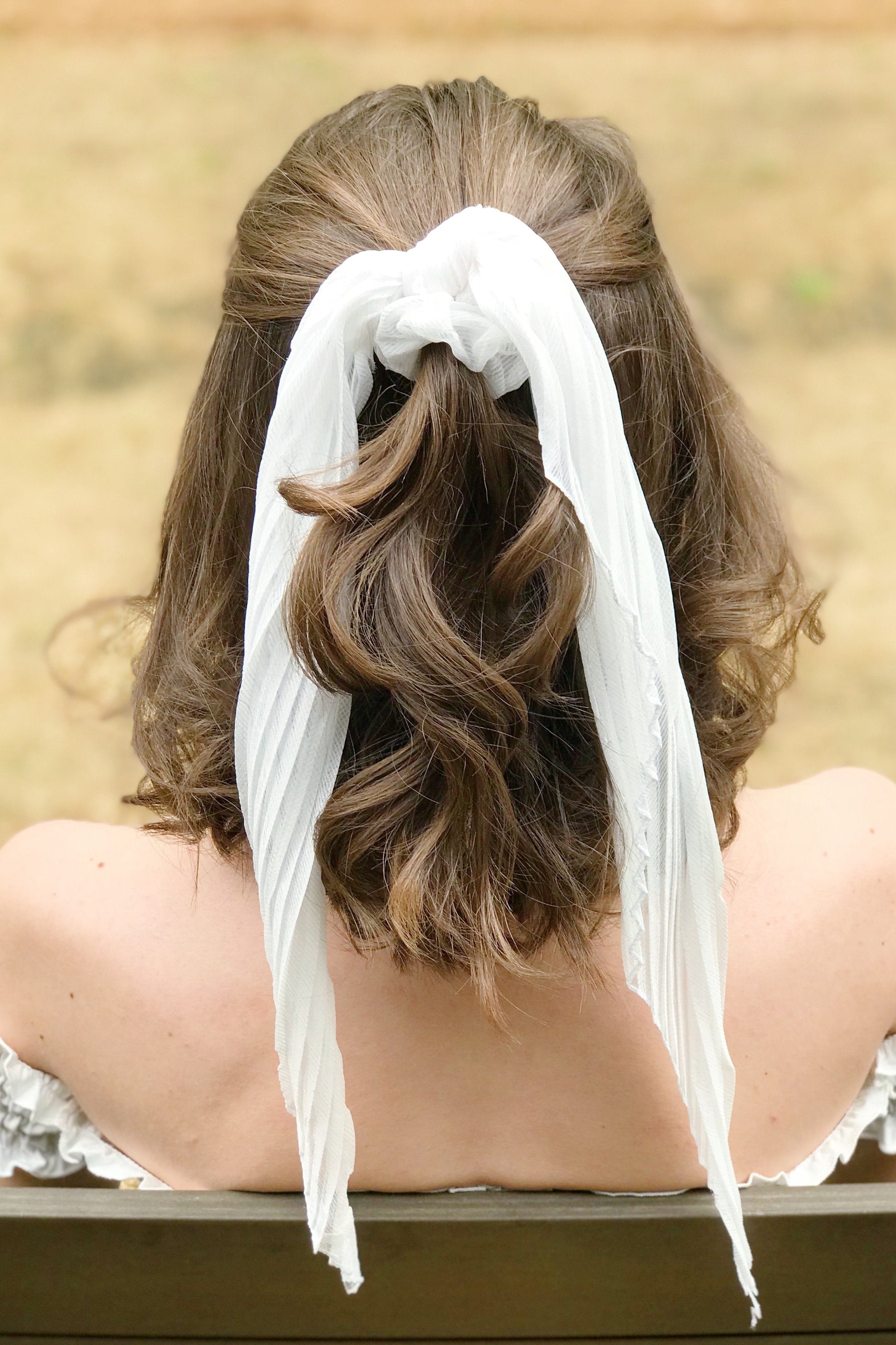 Pleated Ponytail Scrunchie, White-1