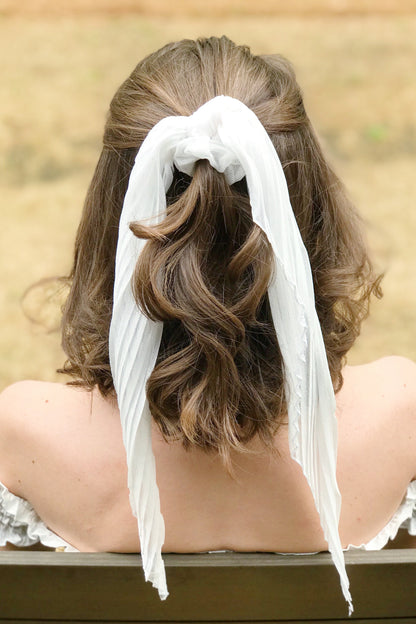 Pleated Ponytail Scrunchie, White-1